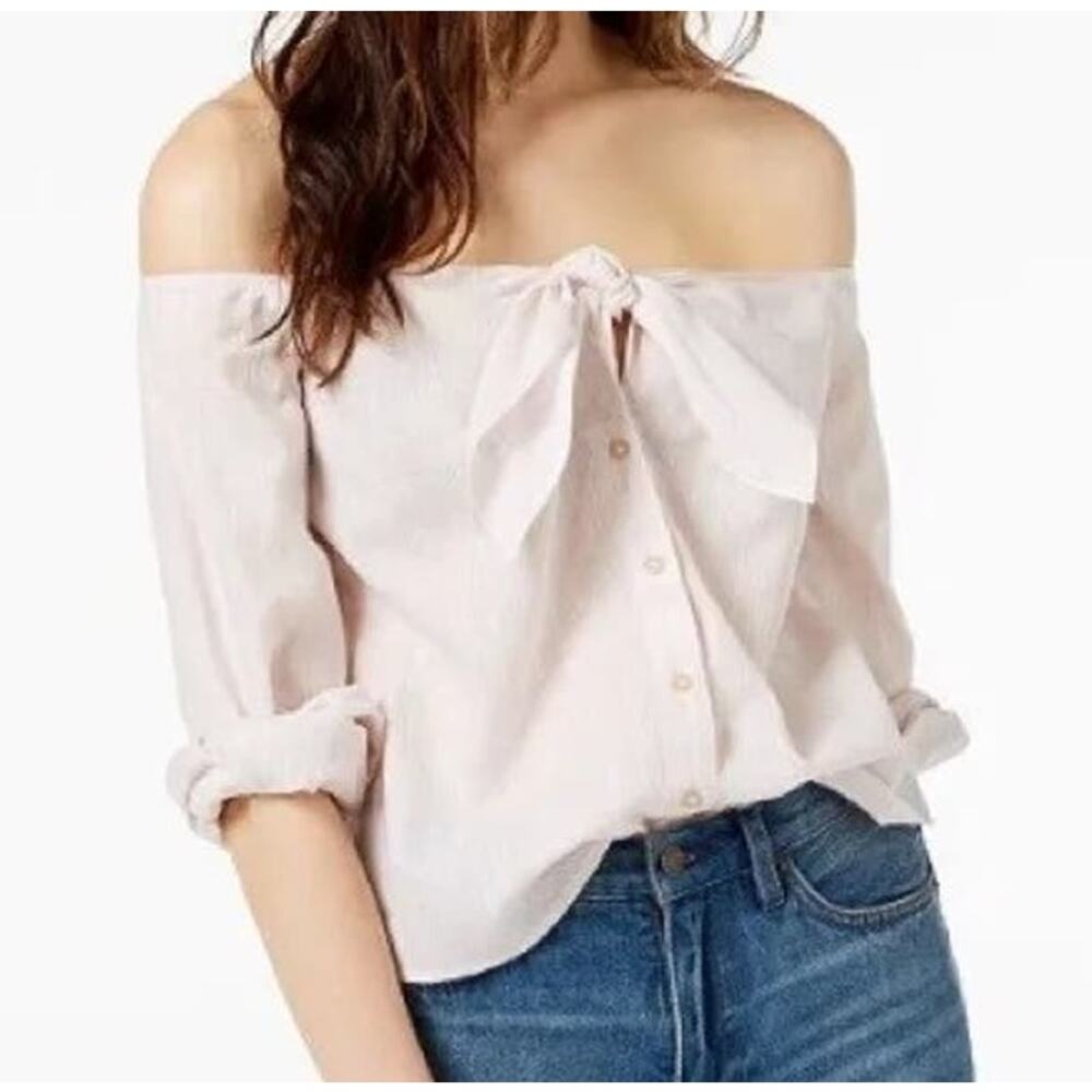Free People cream & light pink striped off the shoulder button down top size XS